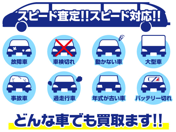 大型車・事故車・過走行車・年式が古い車・バッテリー切れ どんな車でも買取ます!!